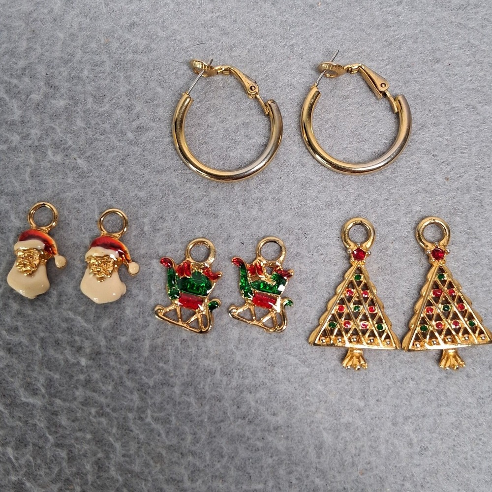 Christmas Interchangeable Charm Hoop Earrings Gold Tone Santa Clip-on